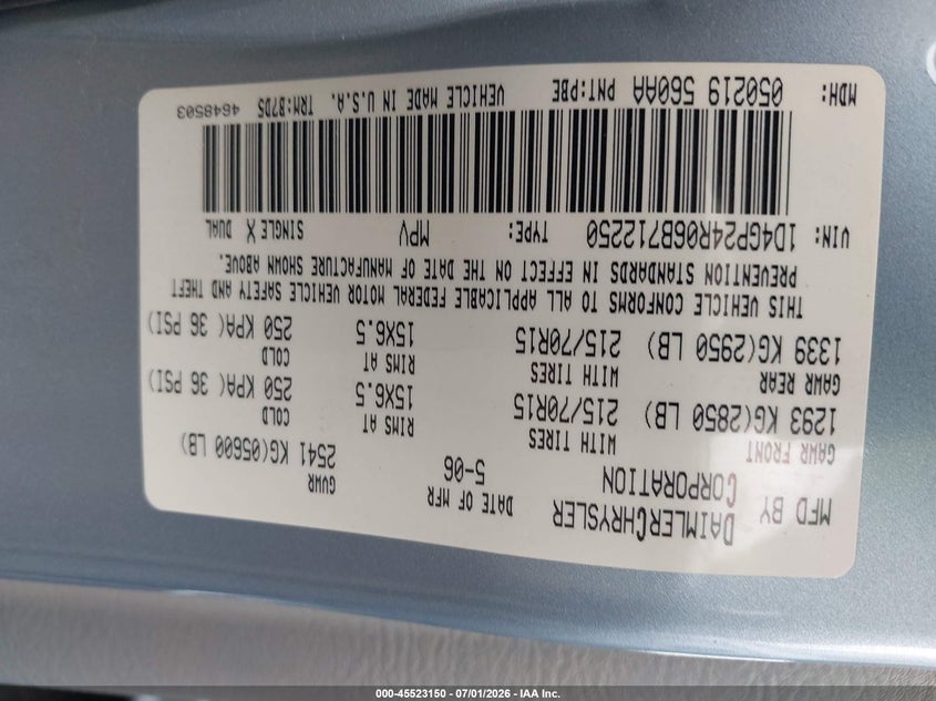 2006 Dodge Grand caravan VIN 1D4GP24R06B712250 IAAI salvage auction — LEFT REAR, Salvage Certificate (California), sold $575 on 2026-07-10 (photo 9)