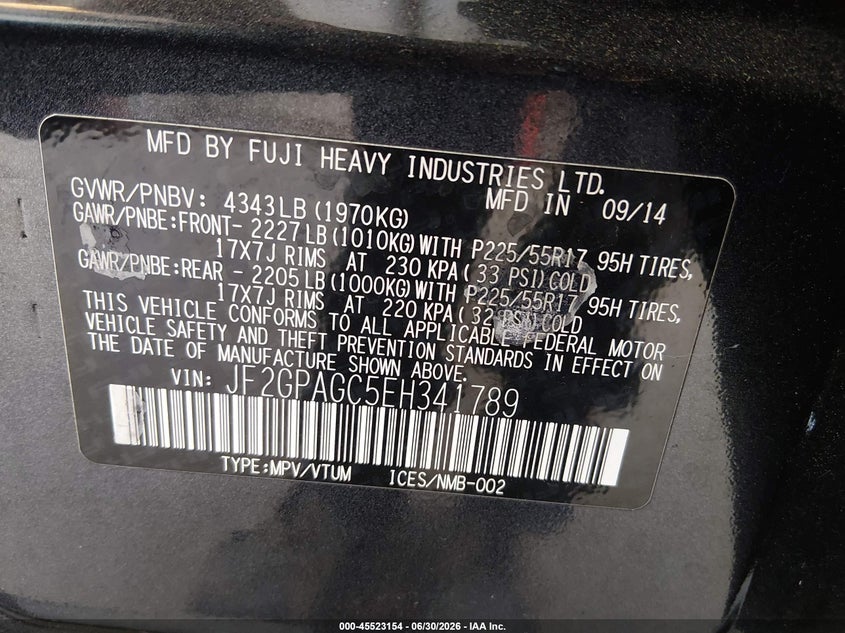 2014 Subaru Xv VIN JF2GPAGC5EH341789 IAAI salvage auction — RIGHT SIDE, Salvage Title, sold $25 on 2026-07-29 (photo 9)