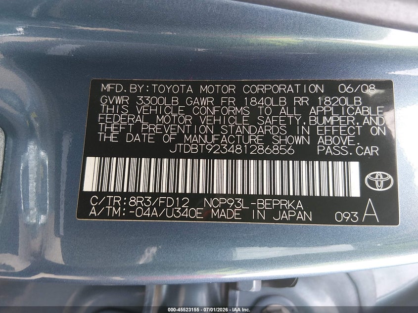 2008 Toyota Yaris VIN JTDBT923481286856 IAAI salvage auction — NORMAL WEAR, Clear-Dealer Only (Texas), sold $1,050 on 2026-07-08 (photo 9)