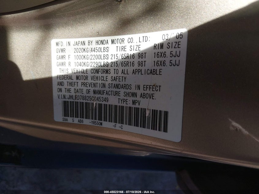 2005 Honda Cr-v VIN JHLRD78825C045349 IAAI salvage auction — NORMAL WEAR, Clear-Endorsement (Wisconsin), sold $375 on 2026-07-29 (photo 9)