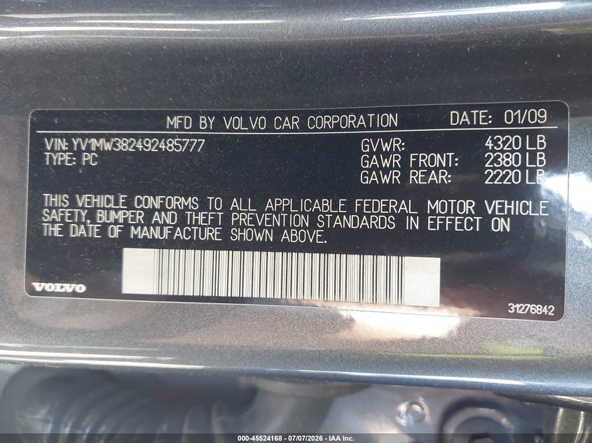 2009 Volvo V50 VIN YV1MW382492485777 IAAI salvage auction — NORMAL WEAR, Clear (Washington), sold $250 on 2026-07-29 (photo 9)