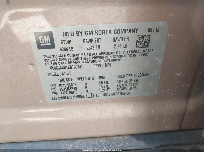 2019 Buick Encore VIN KL4CJASB1KB700741 IAAI salvage auction — NORMAL WEAR, Clear (Alabama), sold $875 on 2026-07-28 (photo 9)