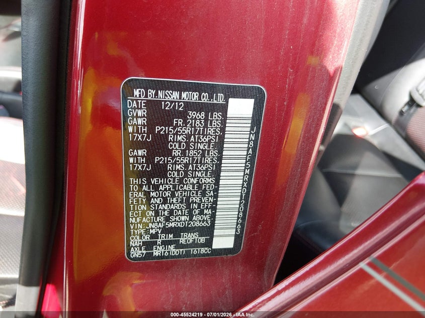 2013 Nissan Juke VIN JN8AF5MRXDT208663 IAAI salvage auction — NORMAL WEAR, Original (Texas), sold $600 on 2026-07-20 (photo 9)