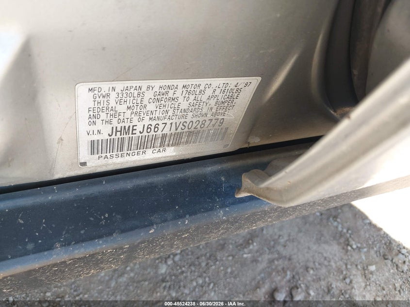 1997 Honda Civic VIN JHMEJ6671VS028779 IAAI salvage auction — NORMAL WEAR, Clear (Arizona), sold $325 on 2026-07-30 (photo 9)