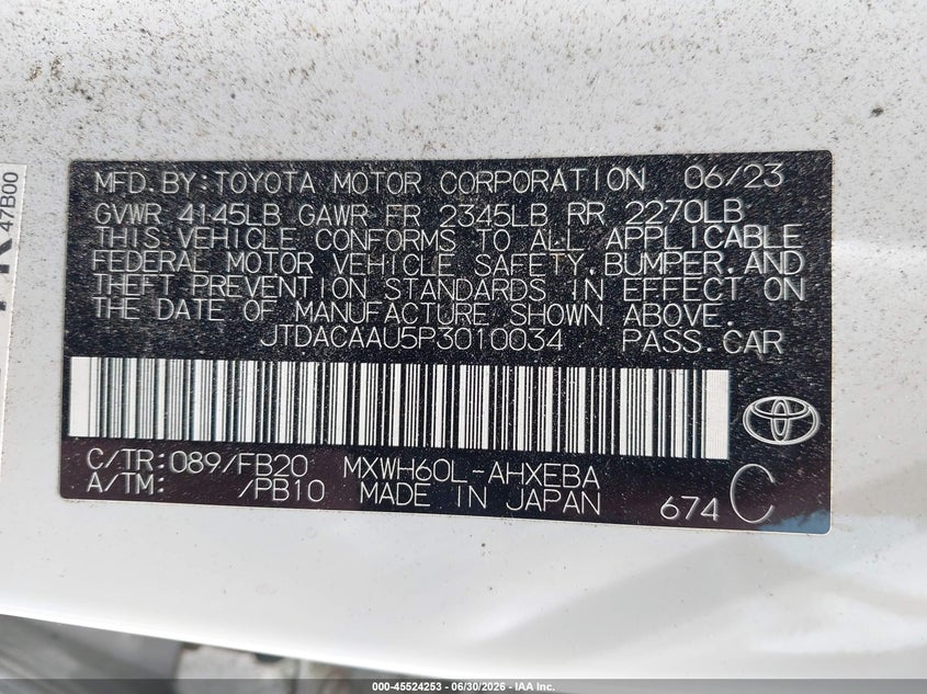 2023 Toyota Prius VIN JTDACAAU5P3010034 IAAI salvage auction — RIGHT REAR, Clear (Florida), sold $10,100 on 2026-07-06 (photo 9)