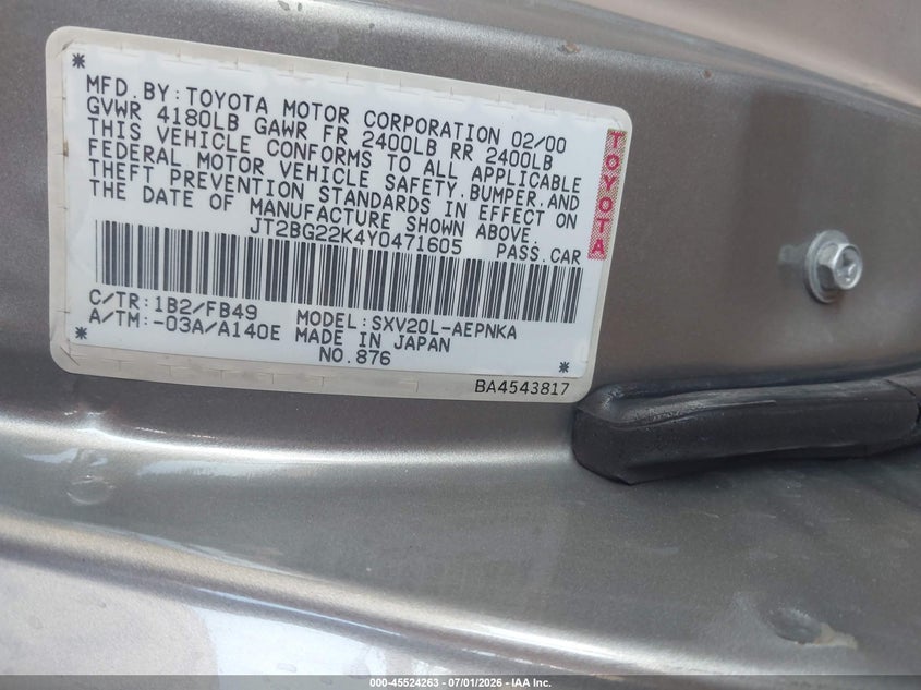 2000 Toyota Camry VIN JT2BG22K4Y0471605 IAAI salvage auction — NORMAL WEAR, Clear (Arizona), sold $325 on 2026-07-28 (photo 9)