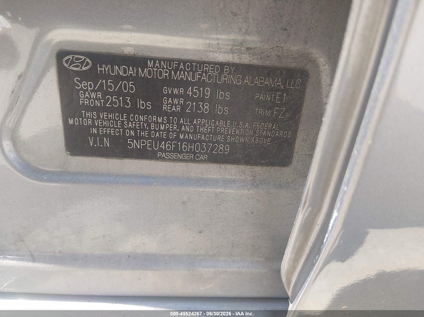 2006 Hyundai Sonata VIN 5NPEU46F16H037289 IAAI salvage auction — NORMAL WEAR, Clear (Maryland), sold $325 on 2026-07-23 (photo 9)