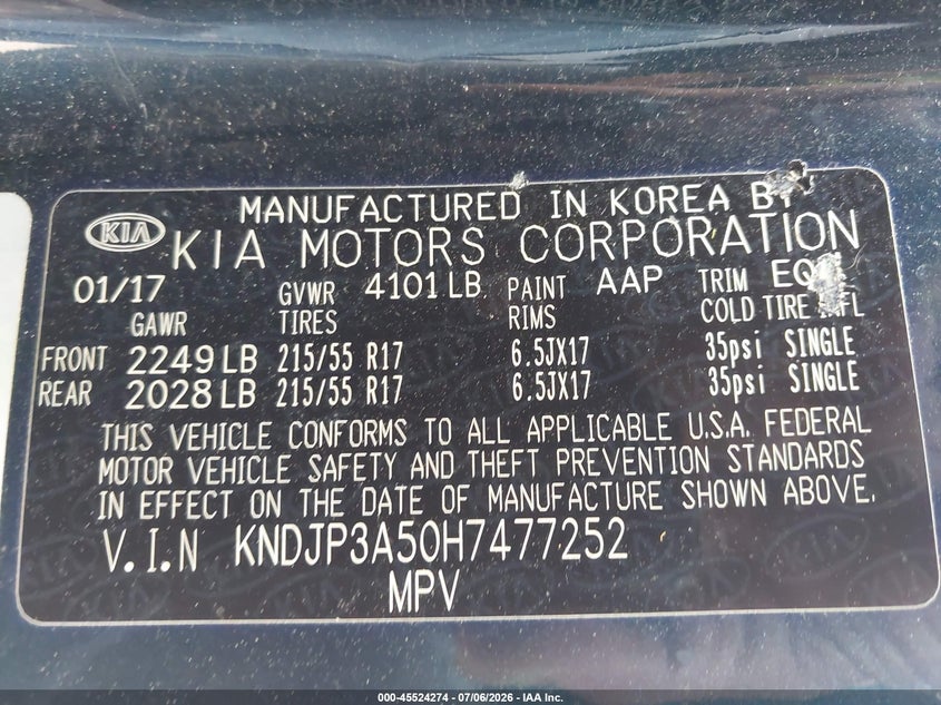 2017 Kia Soul VIN KNDJP3A50H7477252 IAAI salvage auction — ROLLOVER, Salvage (Massachusetts), sold $25 on 2026-07-24 (photo 9)
