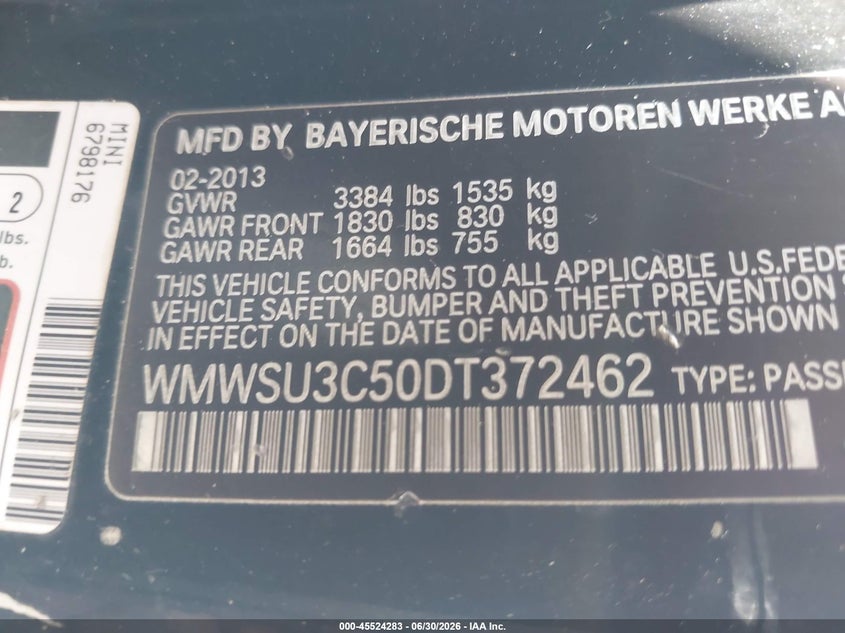 2013 Mini Hard top VIN WMWSU3C50DT372462 IAAI salvage auction — NORMAL WEAR, Clear (Florida), sold $25 on 2026-07-28 (photo 9)