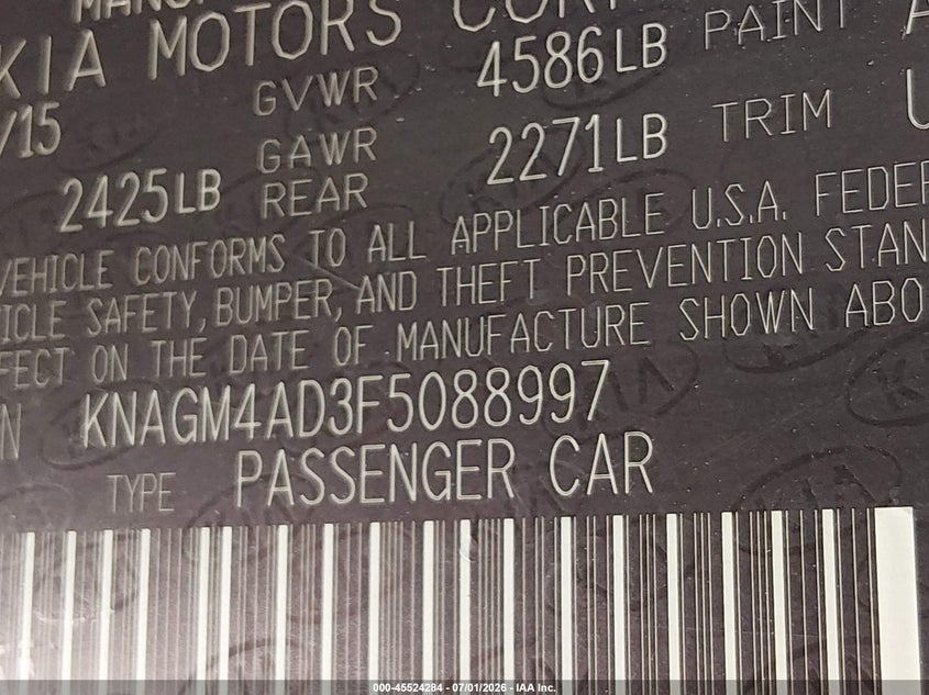 2015 Kia Optima hybrid VIN KNAGM4AD3F5088997 IAAI salvage auction — NORMAL WEAR, Original (Texas), sold $750 on 2026-07-20 (photo 9)