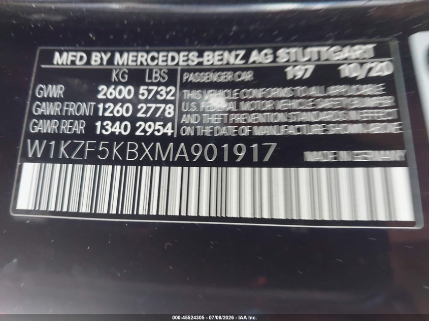 2021 Mercedes-benz E-klasse VIN W1KZF5KBXMA901917 IAAI salvage auction — HAIL, Salvage Title, sold $12,100 on 2026-07-28 (photo 9)