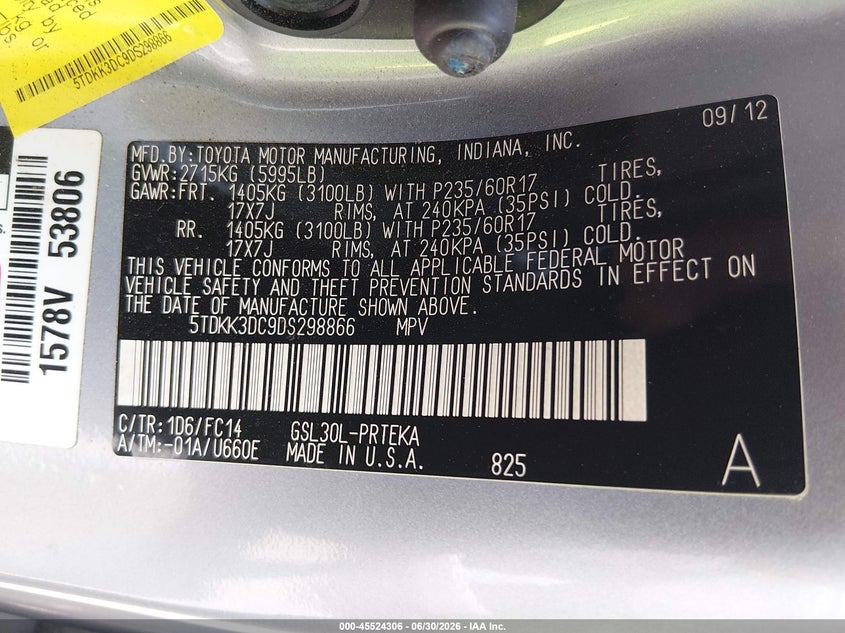 2013 Toyota Sienna VIN 5TDKK3DC9DS298866 IAAI salvage auction — FRONT END, Salvage Title, sold $2,750 on 2026-07-24 (photo 9)