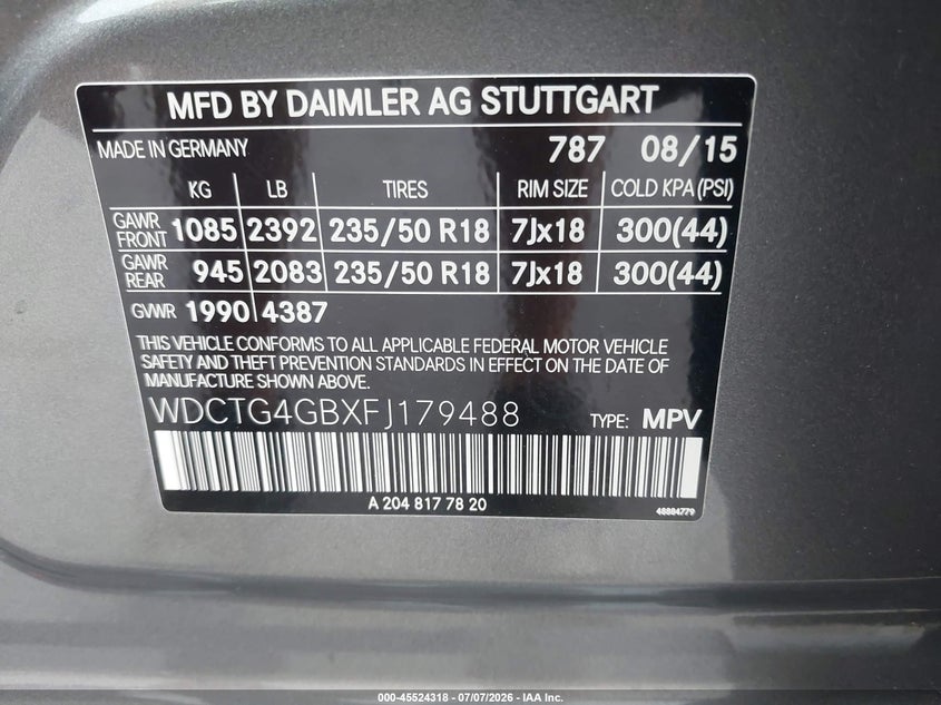 2015 Mercedes-benz Gla-klasse VIN WDCTG4GBXFJ179488 IAAI salvage auction — LEFT FRONT, Salvage Title, sold $2,050 on 2026-07-22 (photo 9)