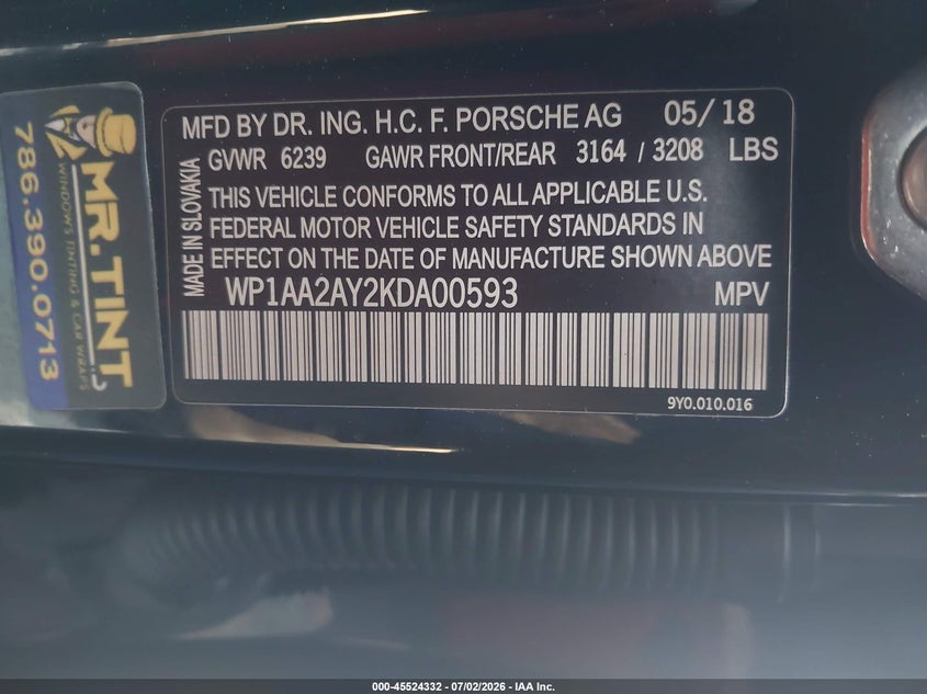 2019 Porsche Cayenne VIN WP1AA2AY2KDA00593 IAAI salvage auction — FRONT END, Wait Title, sold $11,100 on 2026-08-12 (photo 9)