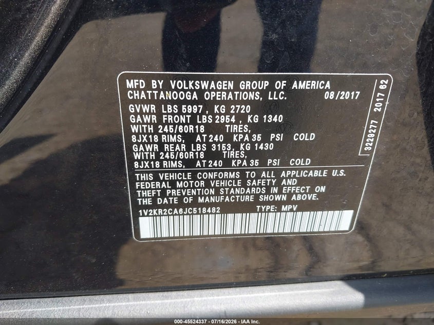 2018 Volkswagen Atlas VIN 1V2KR2CA6JC518482 IAAI salvage auction — REAR END, Salvage (Tennessee), sold $3,550 on 2026-07-26 (photo 9)