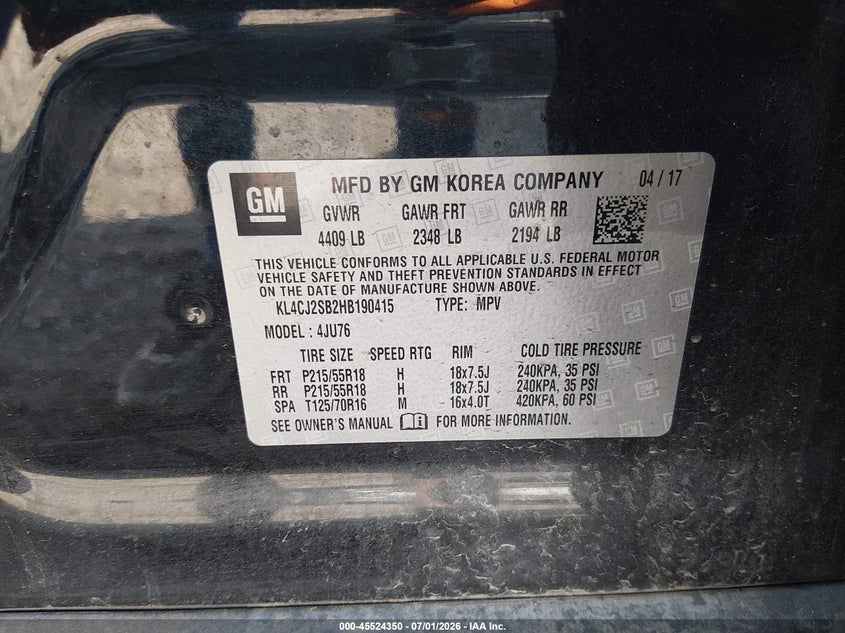 2017 Buick Encore VIN KL4CJ2SB2HB190415 IAAI salvage auction — REAR END, Salvage (Pennsylvania), sold $1,450 on 2026-07-17 (photo 9)