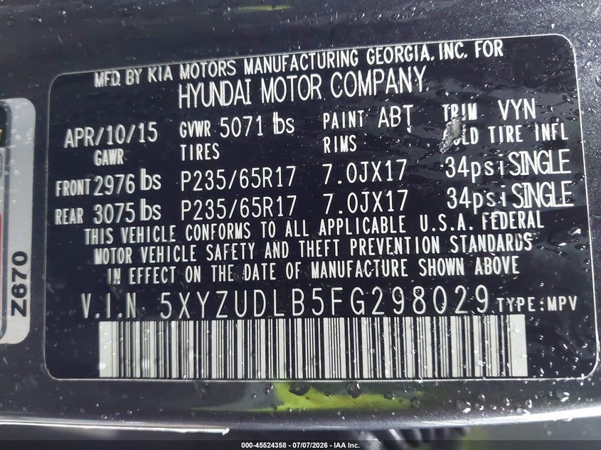 2015 Hyundai Santa fe VIN 5XYZUDLB5FG298029 IAAI salvage auction — FRONT END, Clear (Massachusetts), sold $1,900 on 2026-07-17 (photo 9)