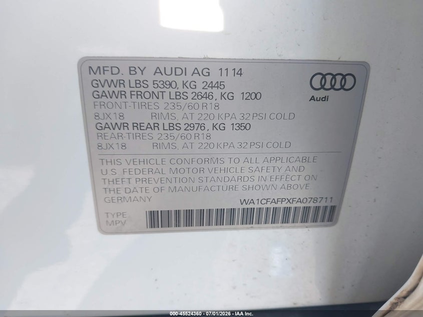 2015 Audi Q5 VIN WA1CFAFPXFA078711 IAAI salvage auction — FRONT END, Salvage (North Carolina), sold $2,550 on 2026-07-16 (photo 9)