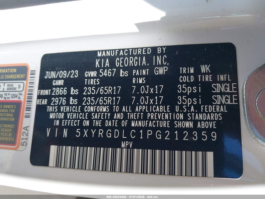 2023 Kia Sorento VIN 5XYRGDLC1PG212359 IAAI salvage auction — SIDE, Salvage (North Carolina), sold $10,650 on 2026-07-31 (photo 9)