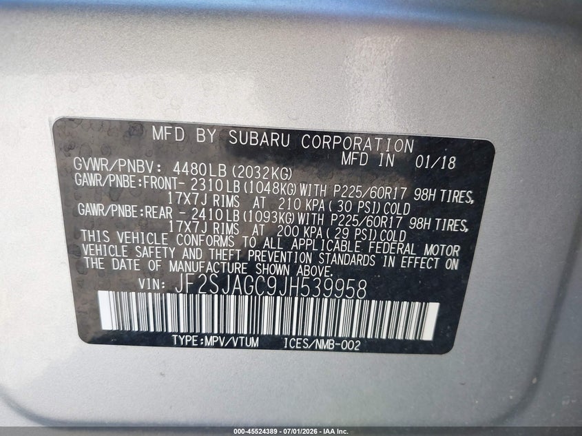 2018 Subaru Forester VIN JF2SJAGC9JH539958 IAAI salvage auction — ROLLOVER, Salvage (New Jersey), sold $25 on 2026-07-30 (photo 9)