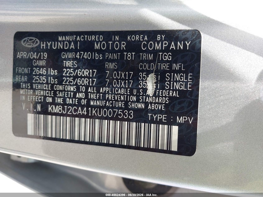 2019 Hyundai Tucson VIN KM8J2CA41KU007533 IAAI salvage auction — FRONT & REAR, Salvage - Greater Than 75% (Maryland), sold $1,050 on 2026-07-30 (photo 9)