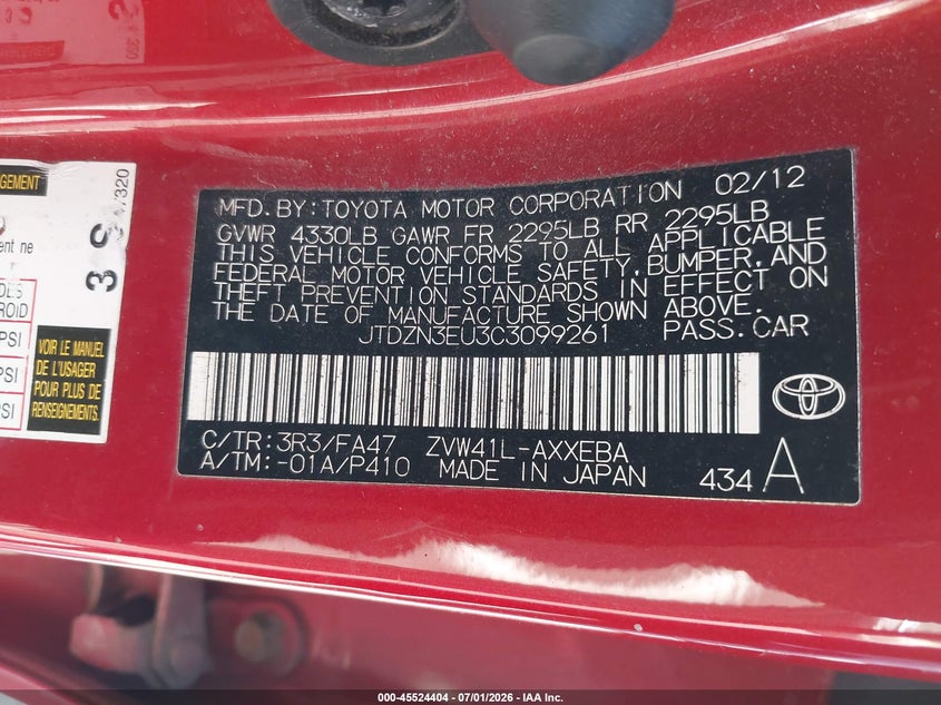 2012 Toyota Prius v VIN JTDZN3EU3C3099261 IAAI salvage auction — REAR END, Salvage (Pennsylvania), sold $1,500 on 2026-07-31 (photo 9)