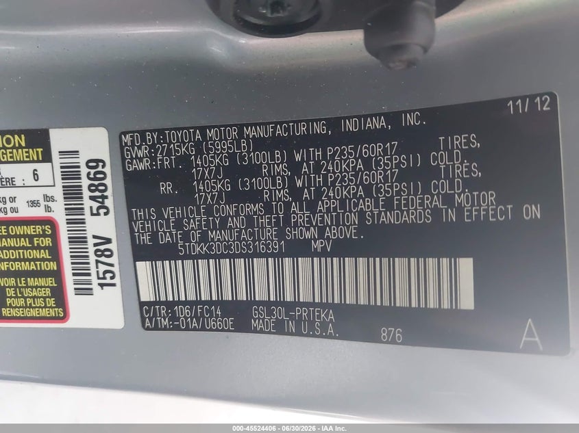 2013 Toyota Sienna VIN 5TDKK3DC3DS316391 IAAI salvage auction — LEFT FRONT, Rebuildable (Florida), sold $1,800 on 2026-07-29 (photo 9)