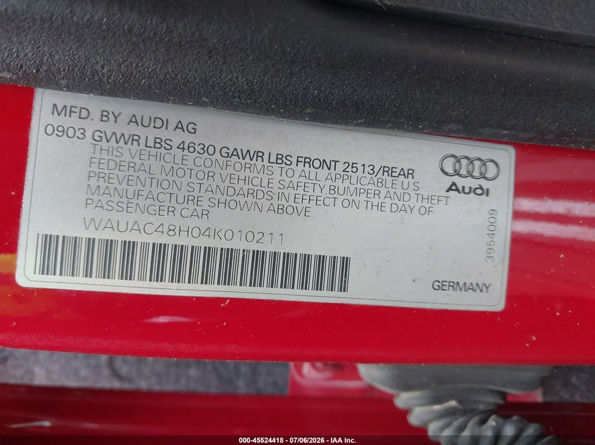 2004 Audi A4 VIN WAUAC48H04K010211 IAAI salvage auction — NORMAL WEAR, Original (Ohio), sold $300 on 2026-07-30 (photo 9)