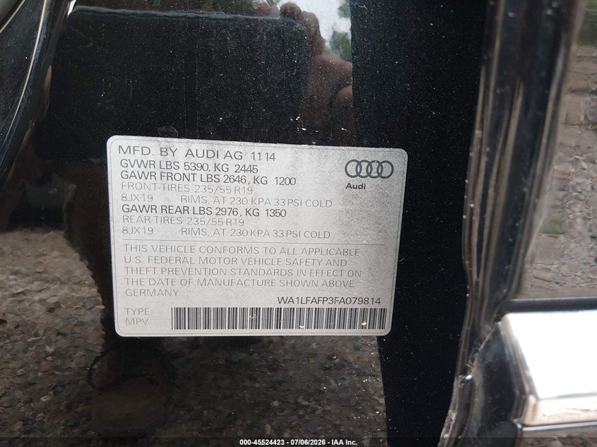 2015 Audi Q5 VIN WA1LFAFP3FA079814 IAAI salvage auction — FRONT END, Salvage - Greater Than 75% (Maryland), sold $2,900 on 2026-07-23 (photo 9)
