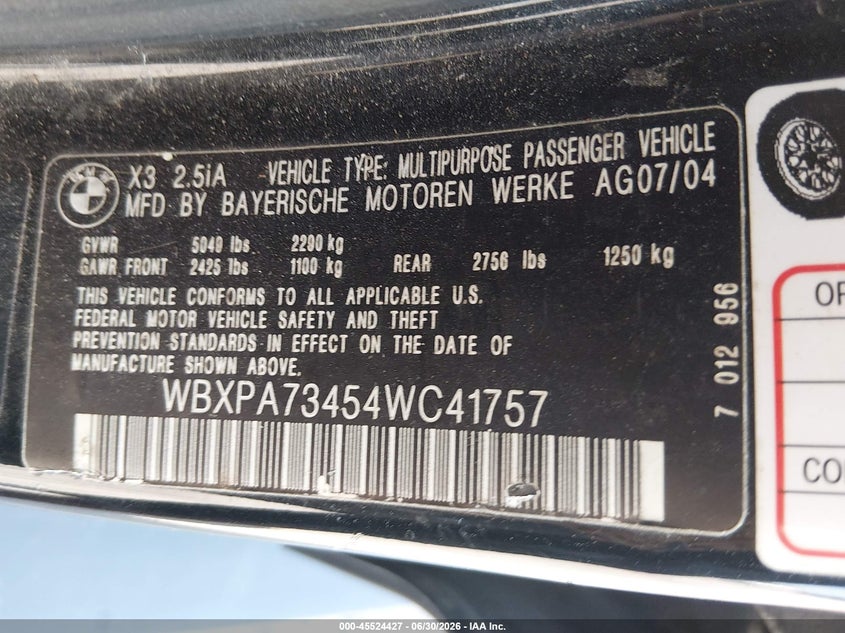 2004 BMW X3 VIN WBXPA73454WC41757 IAAI salvage auction — NORMAL WEAR, Clear (Pennsylvania), sold $675 on 2026-07-24 (photo 9)