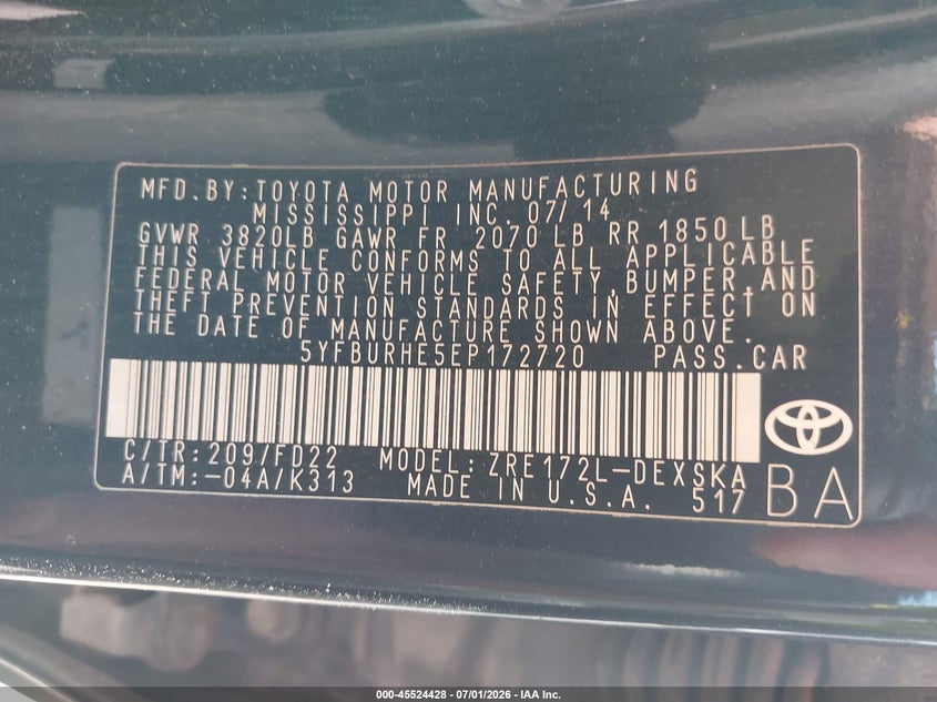 2014 Toyota Corolla VIN 5YFBURHE5EP172720 IAAI salvage auction — LEFT FRONT, Clear (Indiana), sold $1,850 on 2026-07-22 (photo 9)