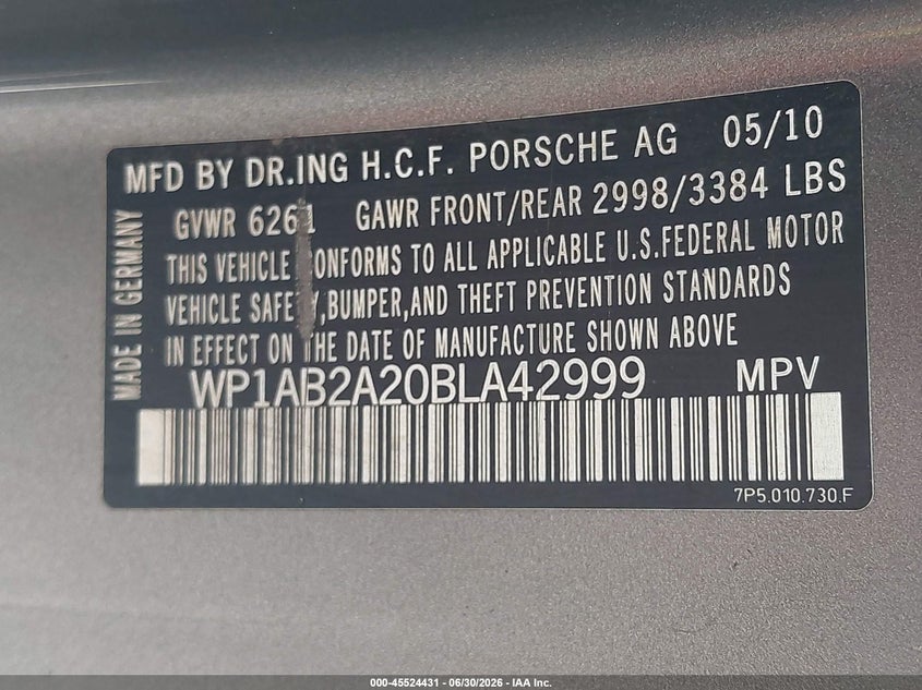 2011 Porsche Cayenne VIN WP1AB2A20BLA42999 IAAI salvage auction — NORMAL WEAR, Clear (Florida), sold $725 on 2026-07-30 (photo 9)