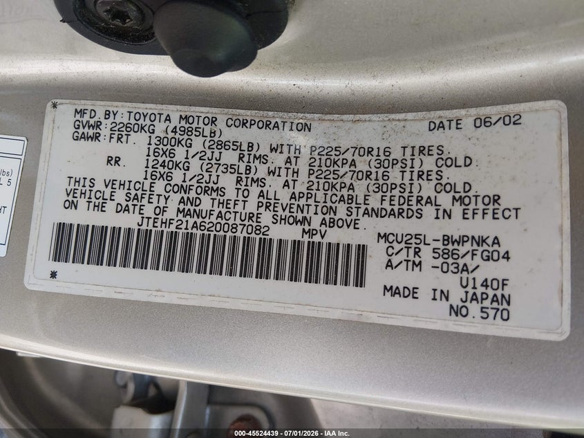 2002 Toyota Highlander VIN JTEHF21A620087082 IAAI salvage auction — FRONT END, Salvage (Pennsylvania), sold $1,550 on 2026-07-17 (photo 9)