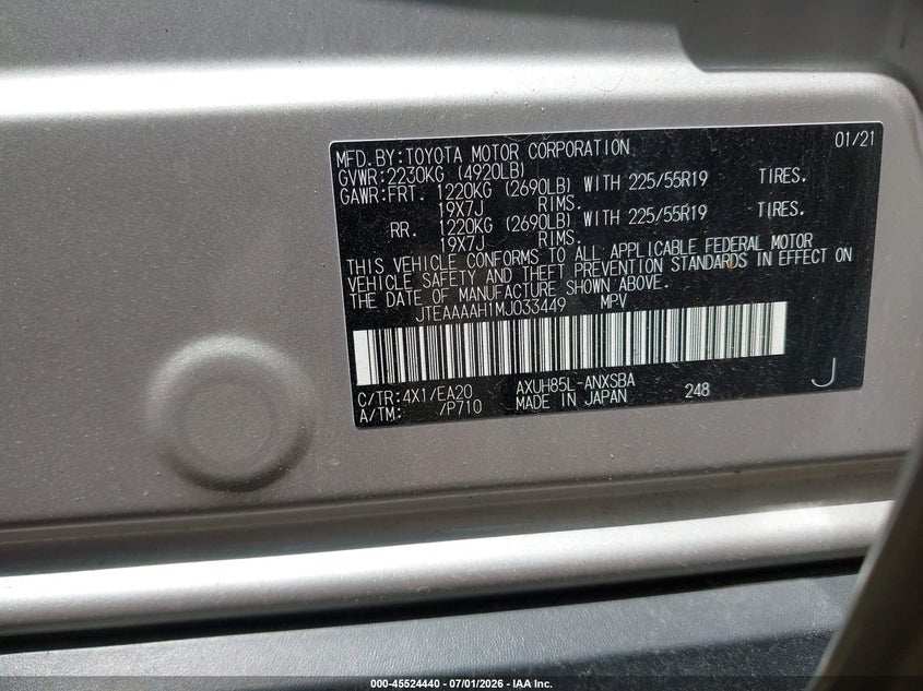2021 Toyota Venza VIN JTEAAAAH1MJ033449 IAAI salvage auction — FRONT END, Salvage (Ohio), sold $4,250 on 2026-07-16 (photo 9)