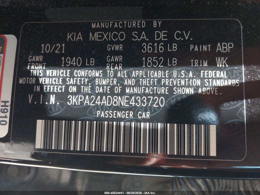 2022 Kia Rio VIN 3KPA24AD8NE433720 IAAI salvage auction — SIDE, Salvage (Pennsylvania), sold $2,150 on 2026-07-18 (photo 9)