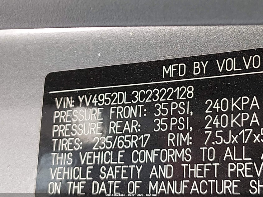 2012 Volvo Xc60 VIN YV4952DL3C2322128 IAAI salvage auction — NORMAL WEAR, Original (Texas), sold $500 on 2026-07-27 (photo 9)