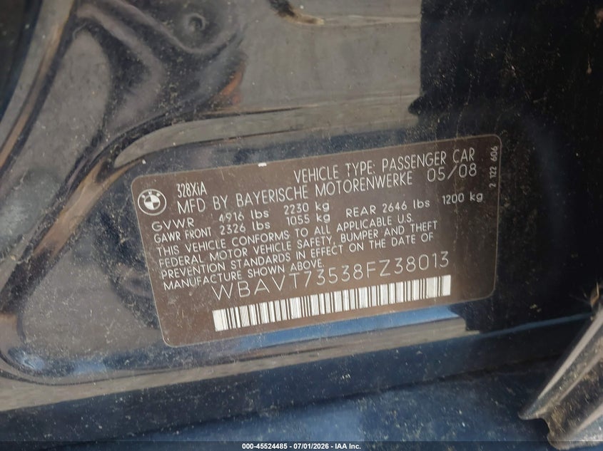 2008 BMW 3 series VIN WBAVT73538FZ38013 IAAI salvage auction — NORMAL WEAR, Clear (Massachusetts), sold $225 on 2026-07-10 (photo 9)