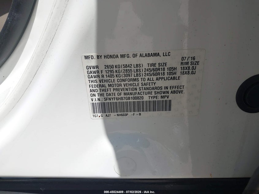 2016 Honda Pilot VIN 5FNYF6H87GB100820 IAAI salvage auction — FRONT END, Salvage (Connecticut), sold $2,650 on 2026-07-10 (photo 9)