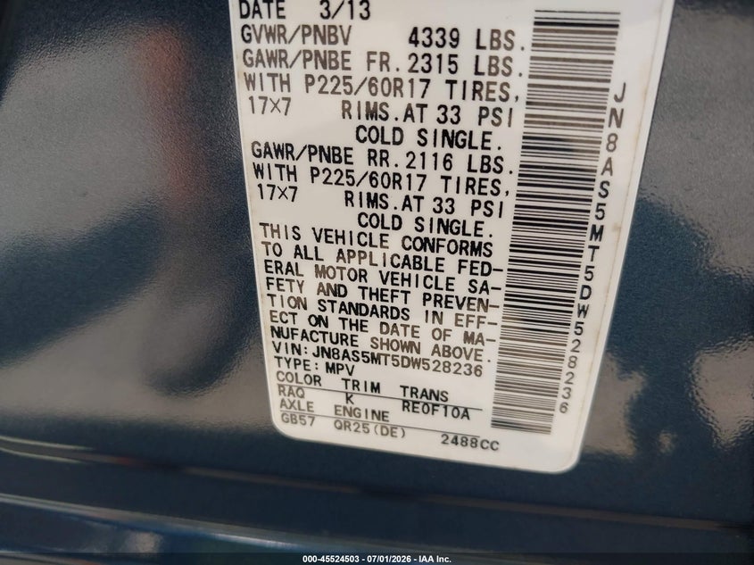 2013 Nissan Rogue VIN JN8AS5MT5DW528236 IAAI salvage auction — REAR END, Salvage (North Carolina), sold $850 on 2026-07-16 (photo 9)