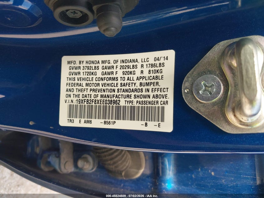 2014 Honda Civic VIN 19XFB2F8XEE038962 IAAI salvage auction — FRONT END, Salvage (Texas), sold $1,850 on 2026-07-19 (photo 9)