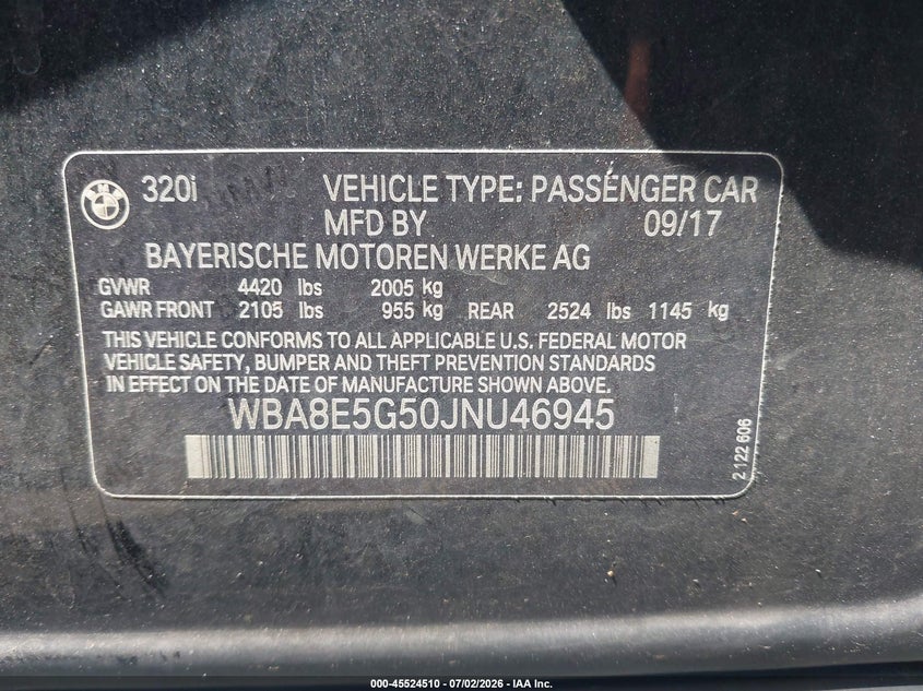 2018 BMW 3er VIN WBA8E5G50JNU46945 IAAI salvage auction — FRONT END, Salvage (Idaho), sold $1,600 on 2026-07-29 (photo 9)
