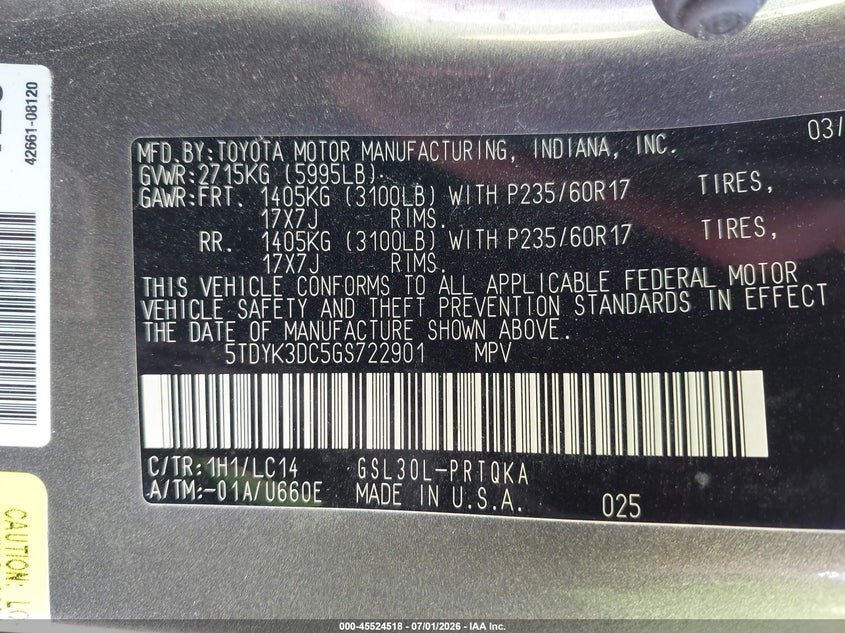 2016 Toyota Sienna VIN 5TDYK3DC5GS722901 IAAI salvage auction — NORMAL WEAR, Original (Maine), sold $3,150 on 2026-07-27 (photo 9)