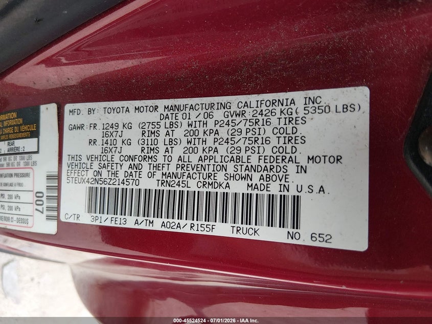 2006 Toyota Tacoma VIN 5TEUX42N56Z214570 IAAI salvage auction — NORMAL WEAR, Original (New Hampshire), sold $2,150 on 2026-07-15 (photo 9)
