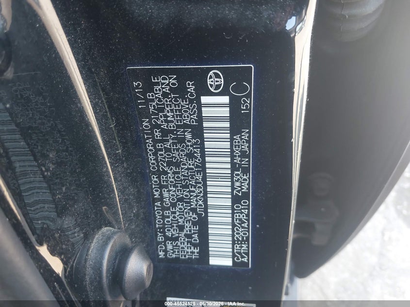 2014 Toyota Prius VIN JTDKN3DU4E1764413 IAAI salvage auction — NORMAL WEAR, Clear (Pennsylvania), sold $1,200 on 2026-07-17 (photo 9)