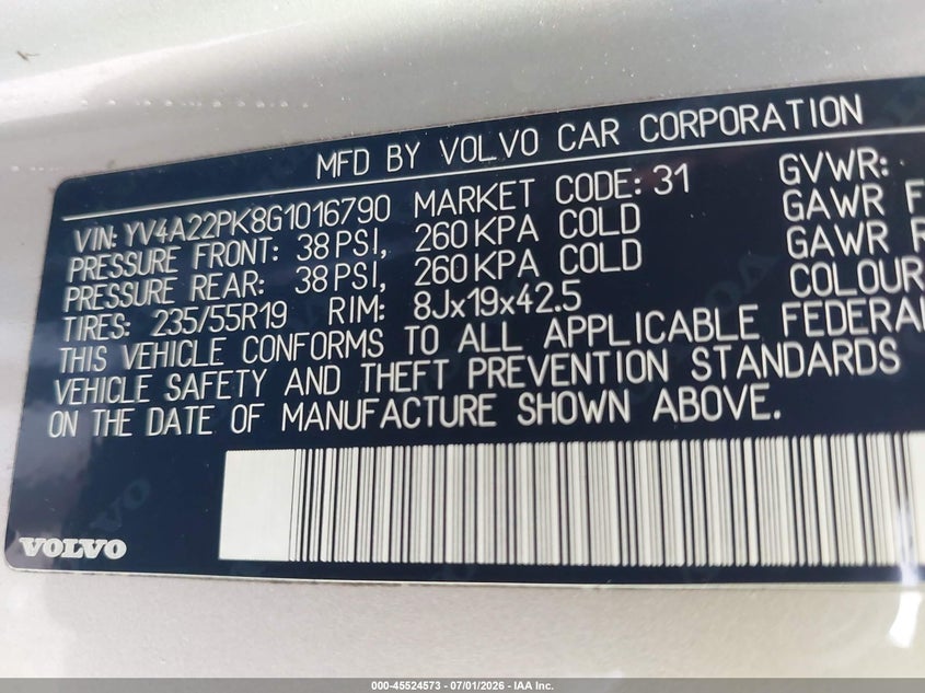 2016 Volvo Xc90 VIN YV4A22PK8G1016790 IAAI salvage auction — NORMAL WEAR, Clear (Florida), sold $2,650 on 2026-07-28 (photo 9)