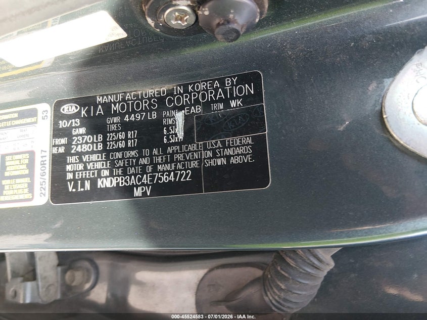 2014 Kia Sportage VIN KNDPB3AC4E7564722 IAAI salvage auction — RIGHT FRONT, Salvage (South Carolina), sold $1,600 on 2026-07-28 (photo 9)