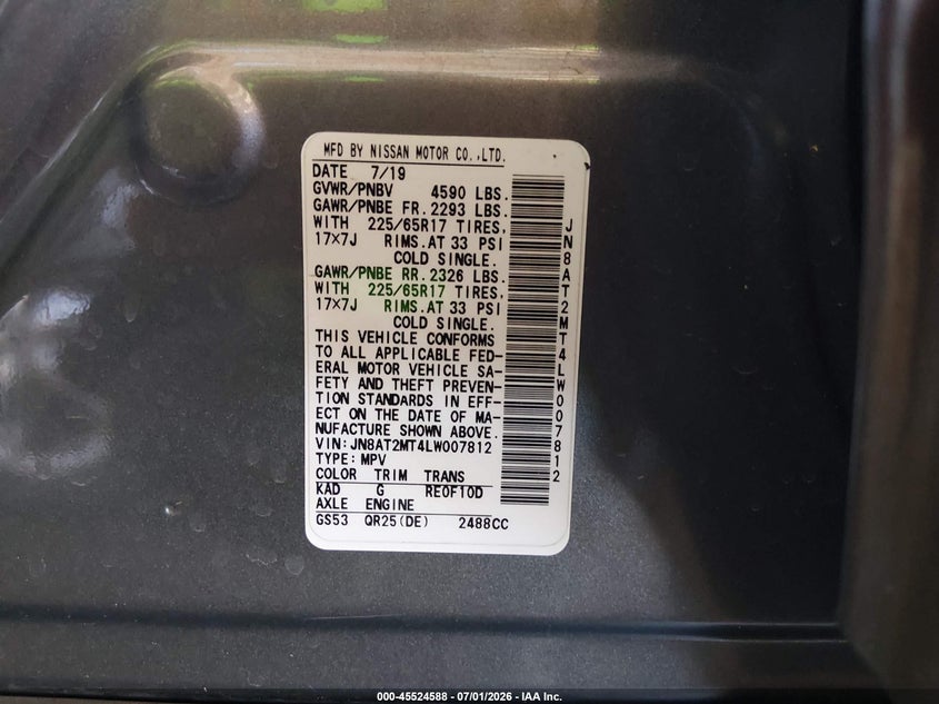 2020 Nissan Rogue VIN JN8AT2MT4LW007812 IAAI salvage auction — REAR END, Salvage (Arizona), sold $25 on 2026-07-29 (photo 9)