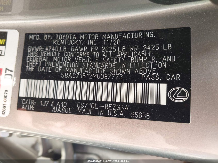 2021 Lexus ES VIN 58ACZ1B12MU087773 IAAI salvage auction — REAR END, Salvage (Georgia), sold $15,400 on 2026-07-30 (photo 9)