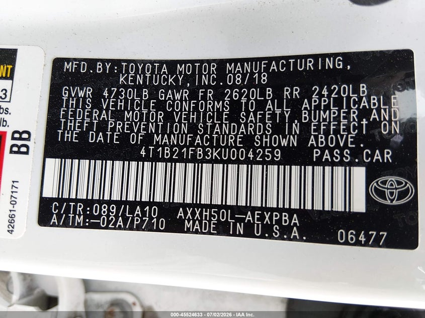2019 Toyota Avalon VIN 4T1B21FB3KU004259 IAAI salvage auction — REAR END, Salvage (North Carolina), sold $7,900 on 2026-07-29 (photo 9)