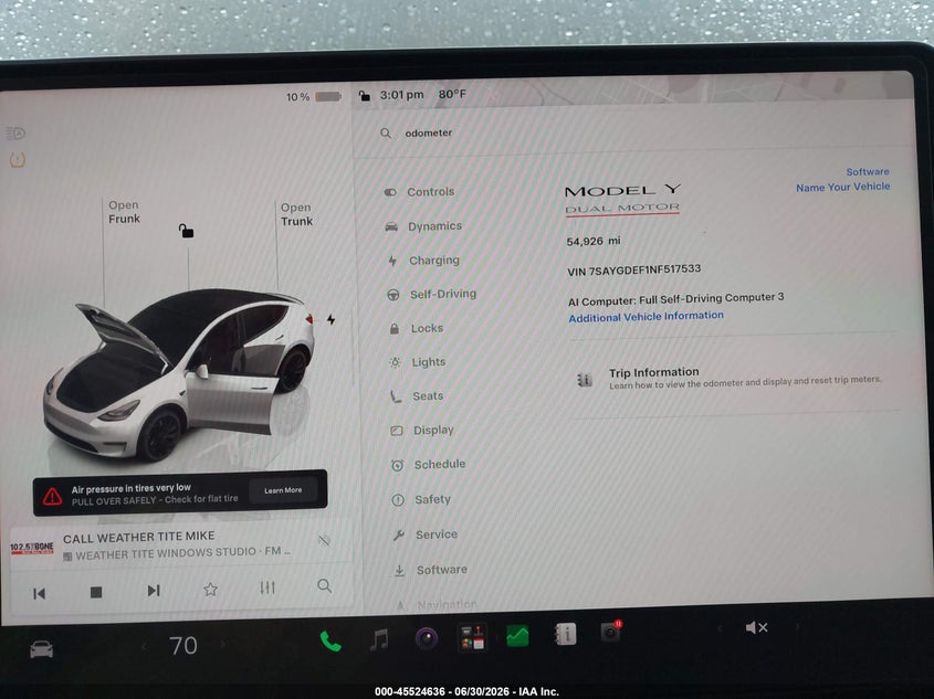 2022 Tesla Model y VIN 7SAYGDEF1NF517533 IAAI salvage auction — UNDERCARRIAGE, Certificate Of Destruction (Florida), sold $13,100 on 2026-07-30 (photo 7)